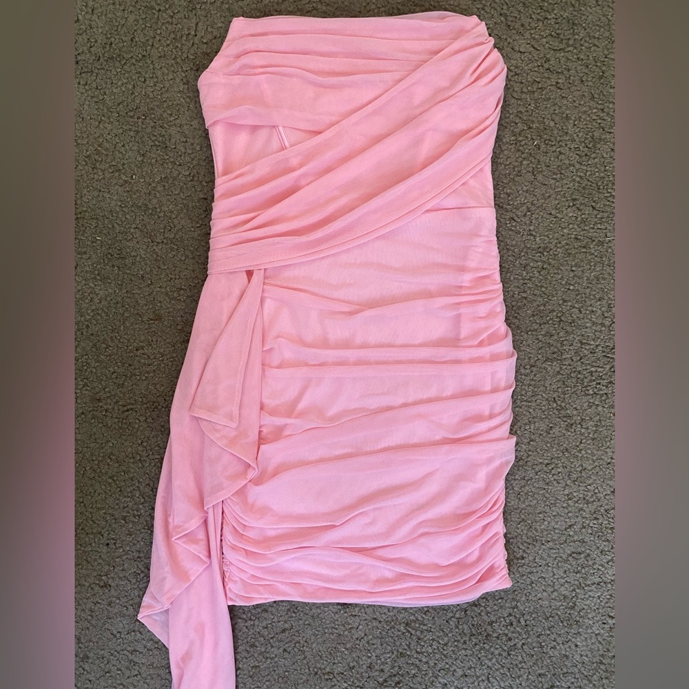 NWT Colysmo Small Pink Mesh Strapless Side Draped Ruched Bodycon Corset Dress